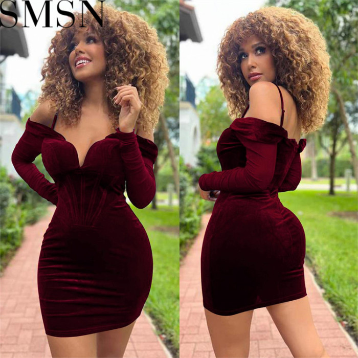 Plus Size Dress mesh long sleeve off the shoulder V neck velvet spaghetti straps dress for women