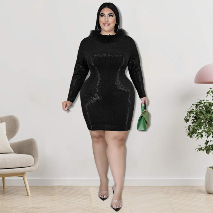 Plus Size Dress large size fall fur collar Velvet Bottom embroidered sequined dress