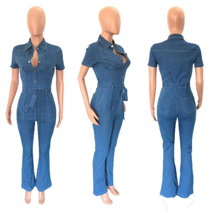 Sexy and fashionable short sleeved denim jumpsuit