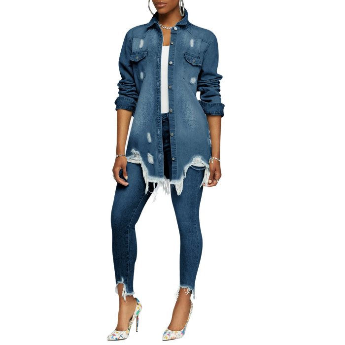 Fashion torn denim two-piece set