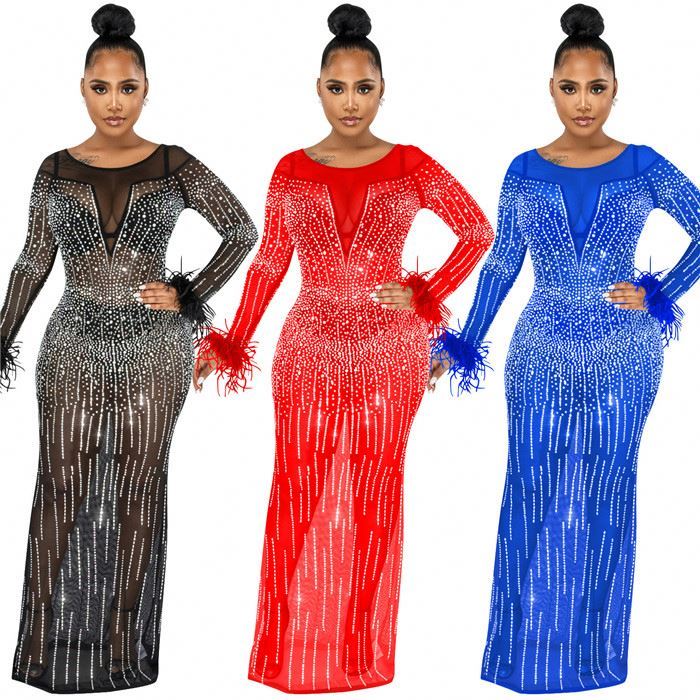 Rhinestone mesh see through long dress women lady luxury formal party evening dress