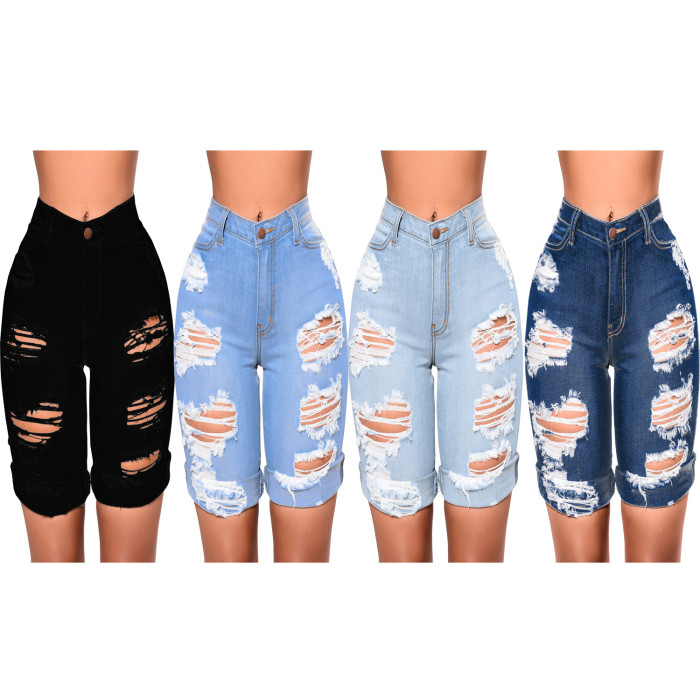 Fashionable water wash hole high waist jeans