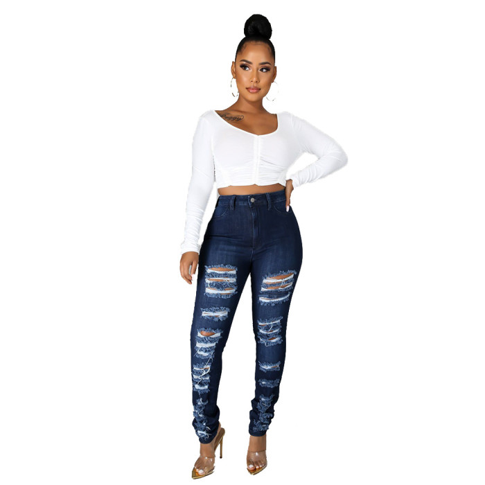 Fashion slim high waist holed jeans Leggings