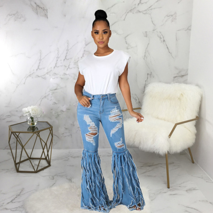 Sexy fashion tassel pierced elastic flared pants