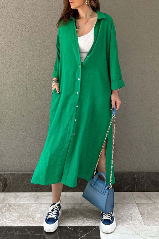 Elegant Casual Loose Long Sleeve Button Pocket Shirt Dress