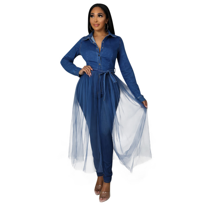 Denim stitched mesh long windbreaker