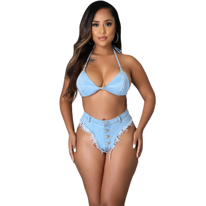 Bandage tassel sexy bikini denim suit