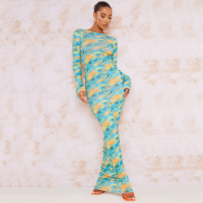 Fashion Printed Slim Round Neck Long Sleeve Dress