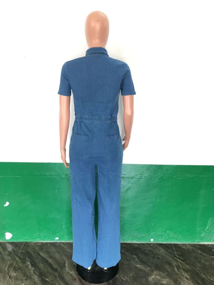 Sexy and fashionable denim jumpsuit short sleeved wide leg pants