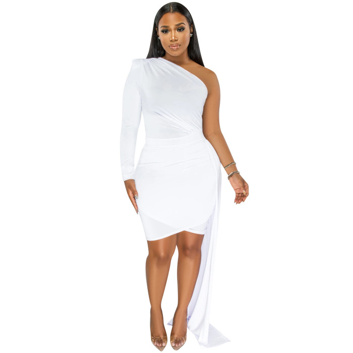 Plus Size Dress fashion solid color single sleeve casual diagonal collar dress women clothing