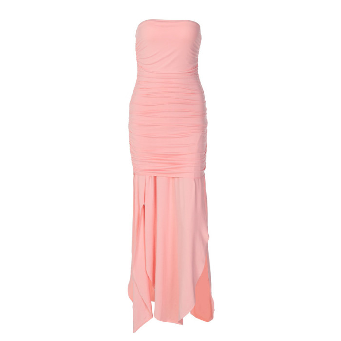 Solid Color Layered Pleats Wrapped Breasts Hanging Irregular Double Layer Dress Women