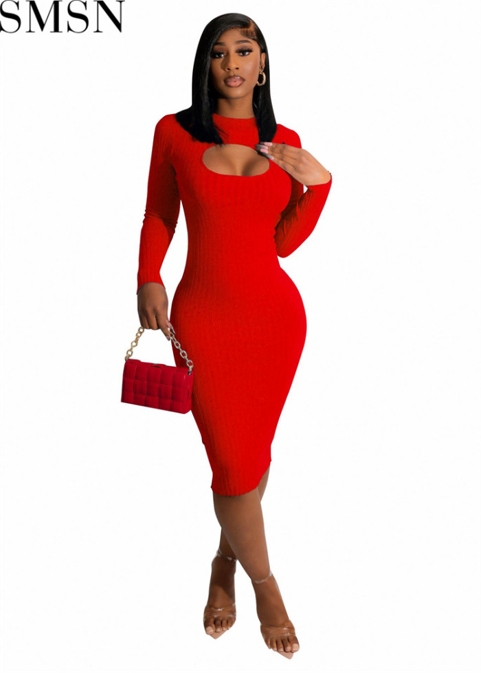 Plus size dress 2022 autumn European and American ins fashion knitting sunken Stripe slim fit hollow dress