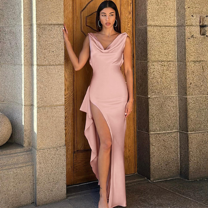 Solid Collar Pleated Slim Fitting Sleeveless Long Dress