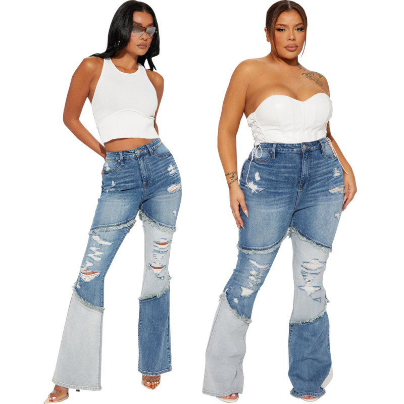 Sexy fashion versatile tassel hole stretch slim Bell-bottoms