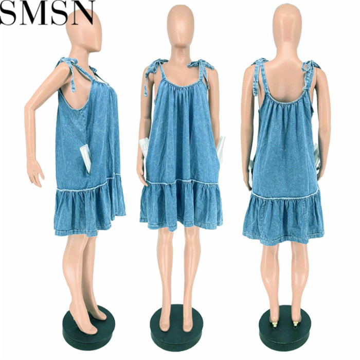 Casual Dress Amazon nightclub solid color denim U neck adjustable lace up dress