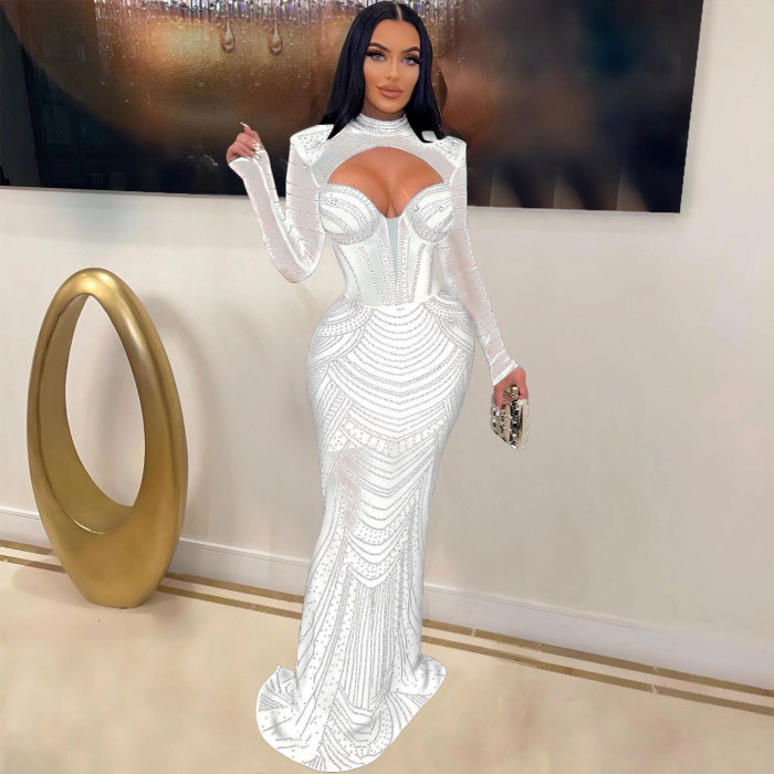 Plus Size Dress Europe and America cross border Women see through slim fit rhinestone dress