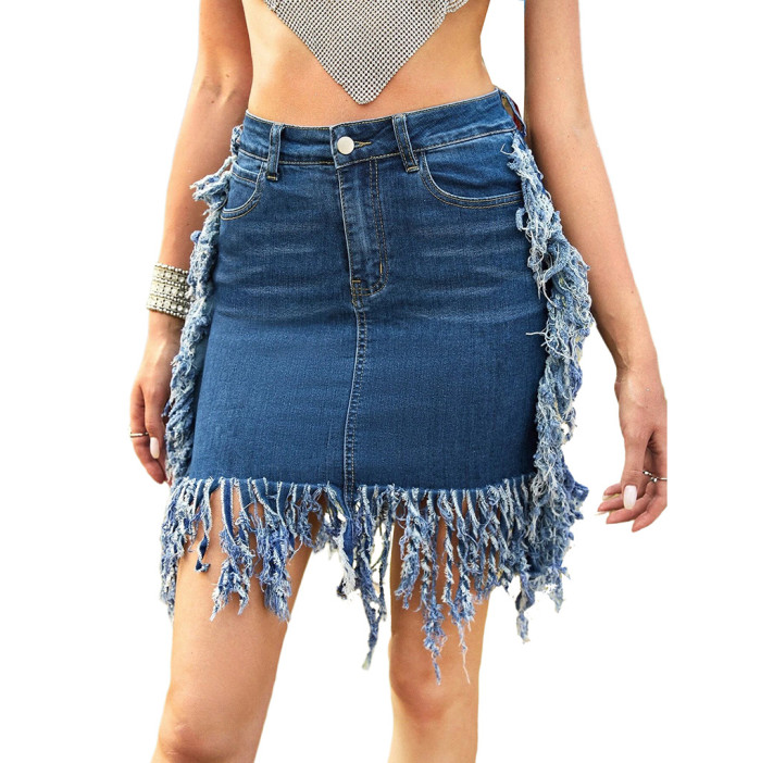 Sexy water wash denim tassel high waist skirt