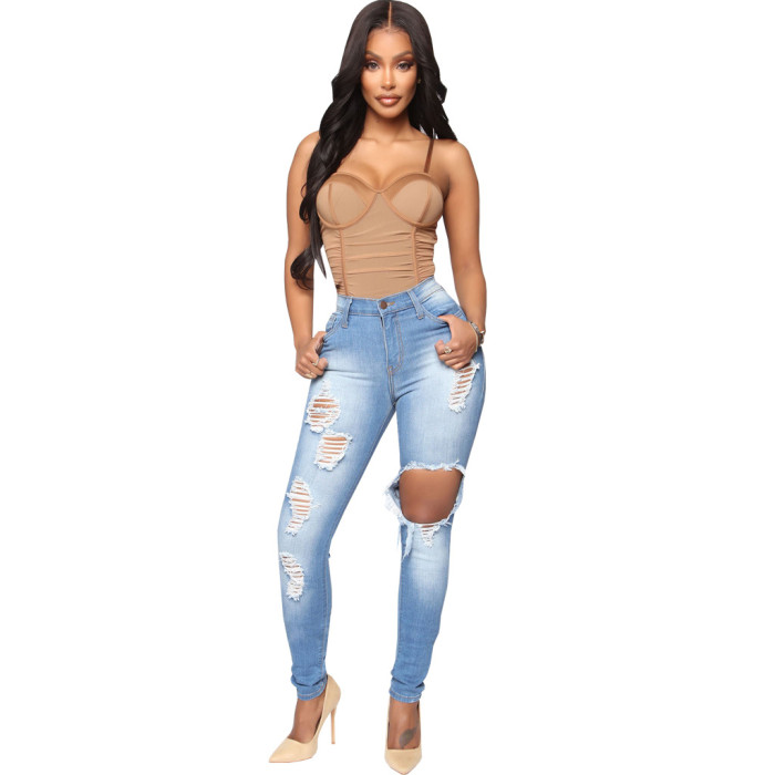 Fashion high waist denim hole tights