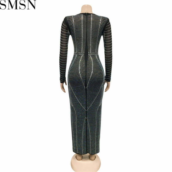 Casual Dress sexy nightclub hot rhinestone mesh see through V neck long sleeve dress for women