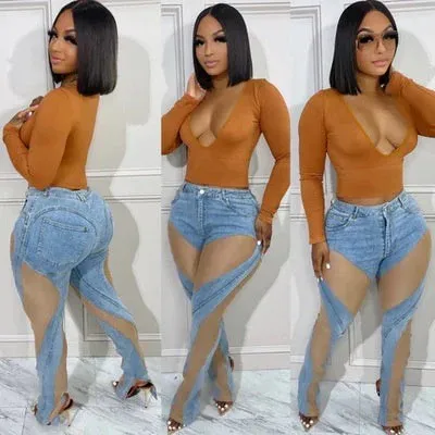 Fashion Mesh Sand Combination Elastic Slim Fit Hip Lift Jeans