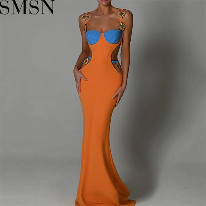 Plus Size Dress Amazon Color Contrast Patchwork Strap Backless A  line Dress Sexy Waist Hollow out Split Dress