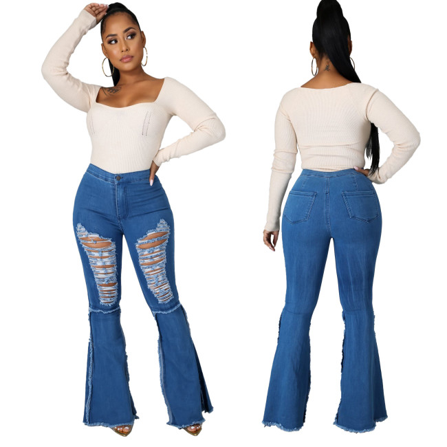 Stitching hole washed jeans flared pants