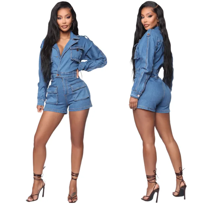 Washed casual denim one-piece shorts