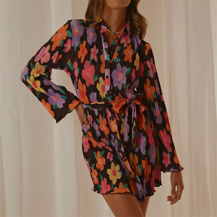 Casual Dress Flower Print Lapel Lapel Single Breasted Cardigan Long Sleeve Dress Women