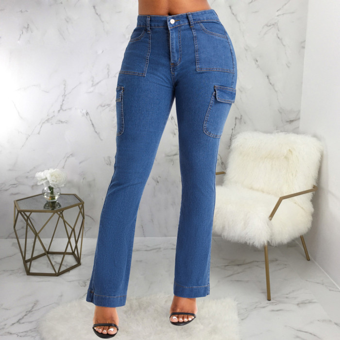 Fashion Pocket High Waist Elastic Slim Fit Jeans