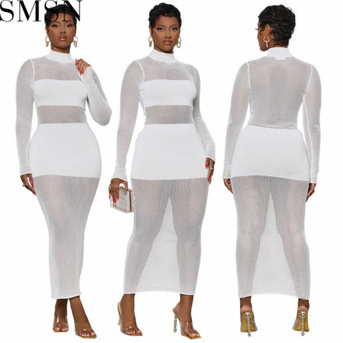 Plus Size Dress Amazon Popular Sexy Solid Color Mesh Stitching Long Sleeves Dress