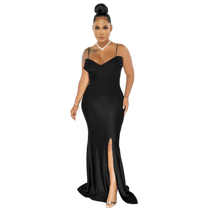 Plus Size Dress European and American fashion women wear suspender pleated wrapped chest solid color dress