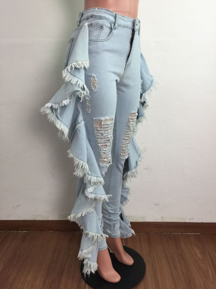 Tassels wash holes slim sexy jeans
