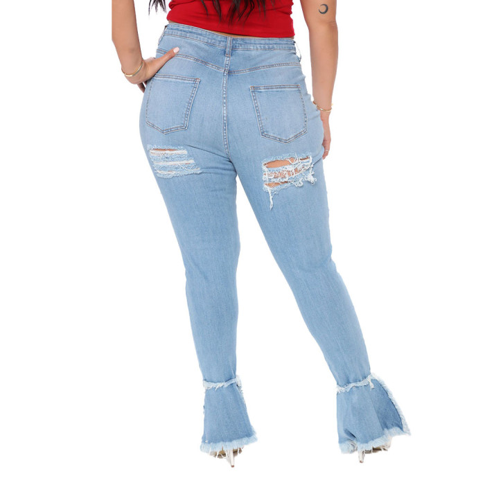 Fashion hole stitching micro flared pants