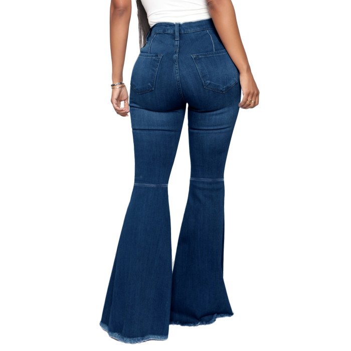 Fashion high waist elastic denim flared pants