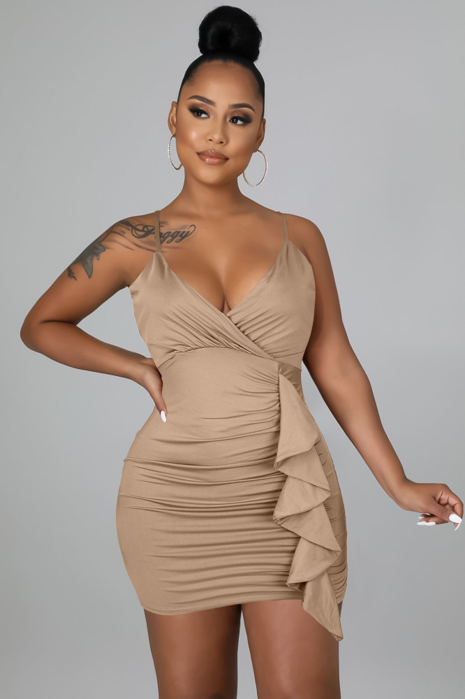 Fashion women dress sexy ruffled V neck topless sling bag hip nightclub dress