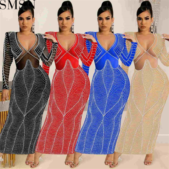 Casual Dress sexy nightclub hot rhinestone mesh see through V neck long sleeve dress for women