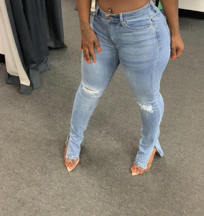 Ripped elastic split jeans