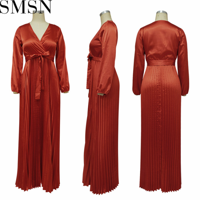 Plus Size Dress Europe and America cross border Amazon fall V neck lantern sleeve pleated dress