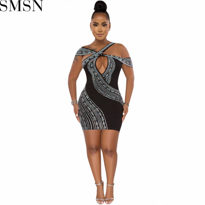 Prom Dresses 2022 fashion sexy nightclub hot rhinestone hollow midi dress