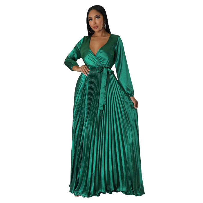Plus Size Dress Europe and America cross border Amazon fall V neck lantern sleeve pleated dress