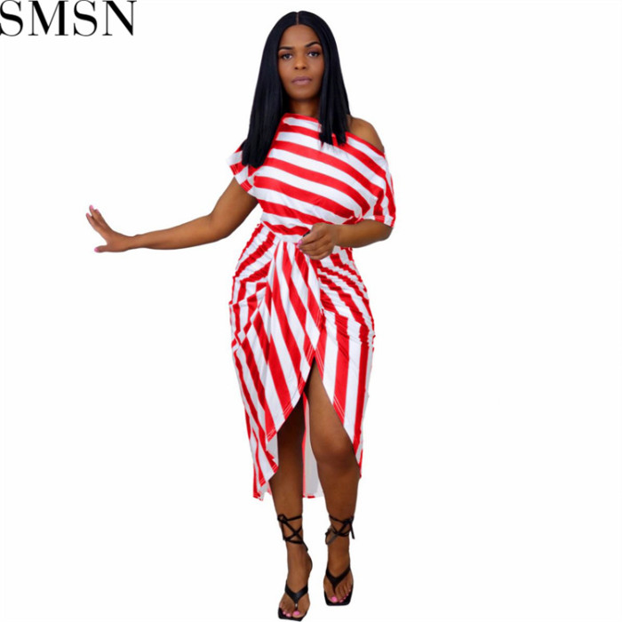 Plus Size Dress Europe and America women clothing off shoulder striped fashion slim dress