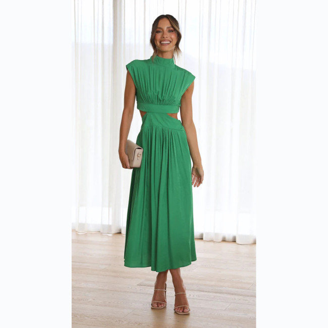 Fashionable Street Stand Collar Solid Color Open Waist Long Dress