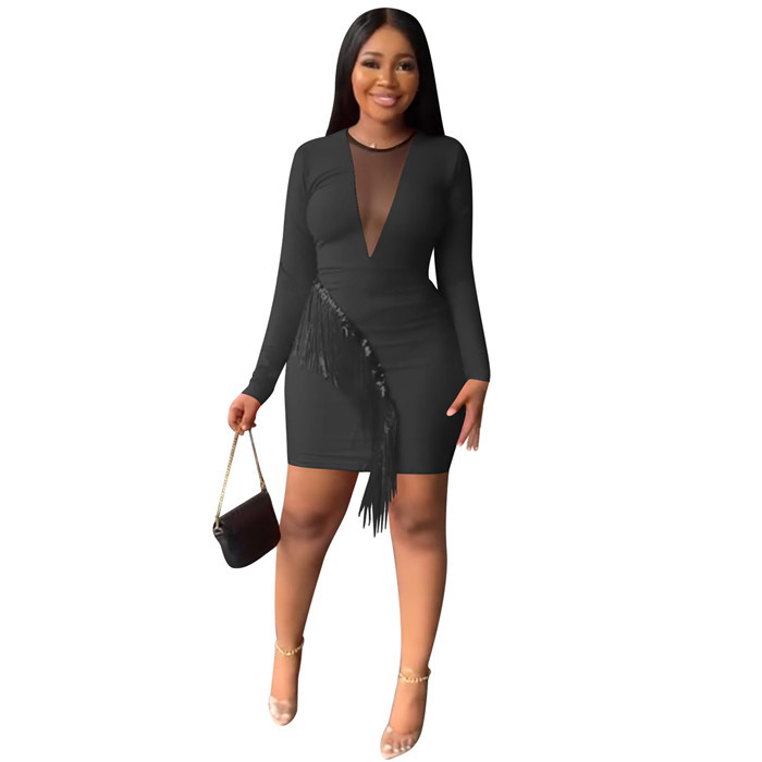 Boutique clothing 2022 mesh long sleeve classic dresses tassel sexy night dress