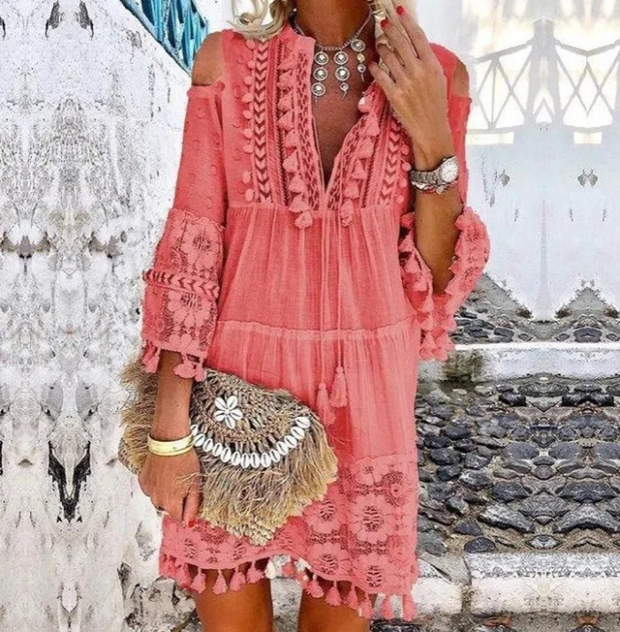 Long Sleeved Embroidered Hollowed Out Dress