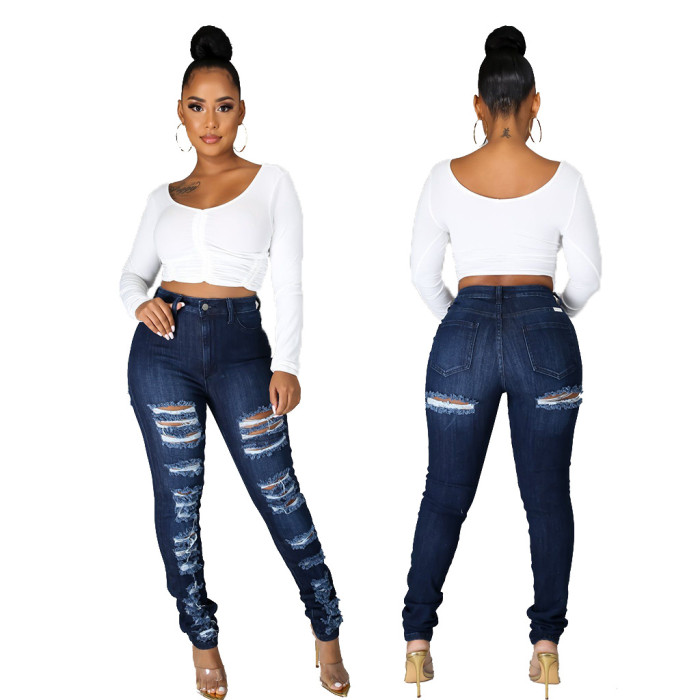 Fashion slim high waist holed jeans Leggings