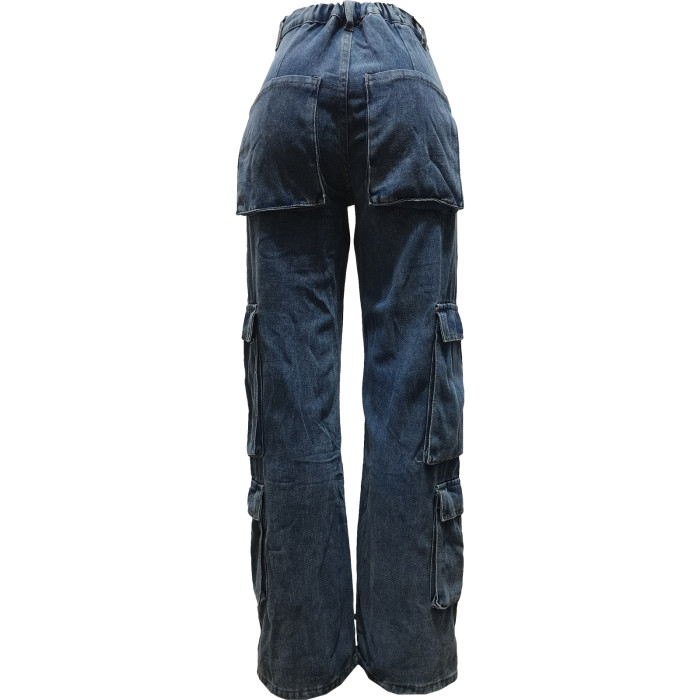Fashionable water washing work bag zipper casual elastic waist denim pants