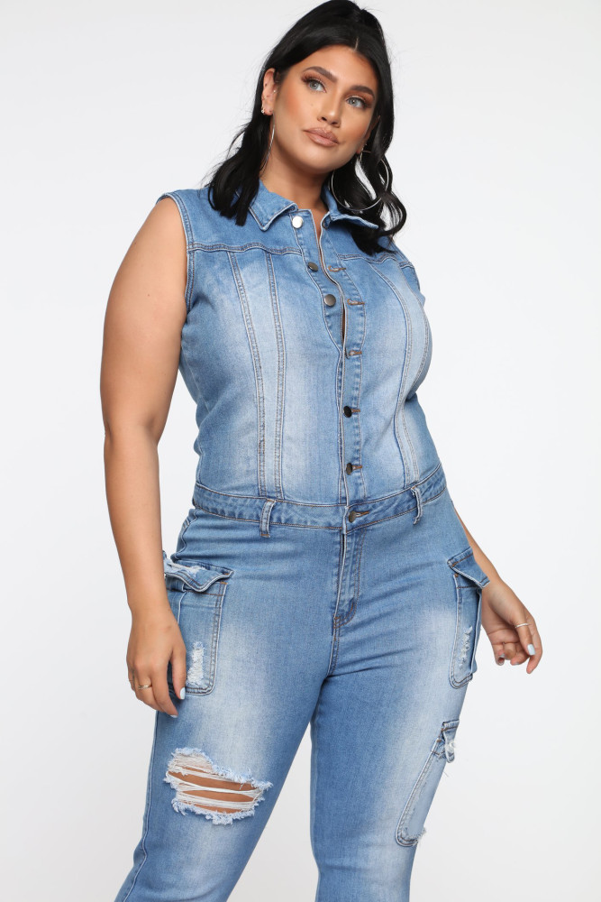 Casual slim hole denim Jumpsuit