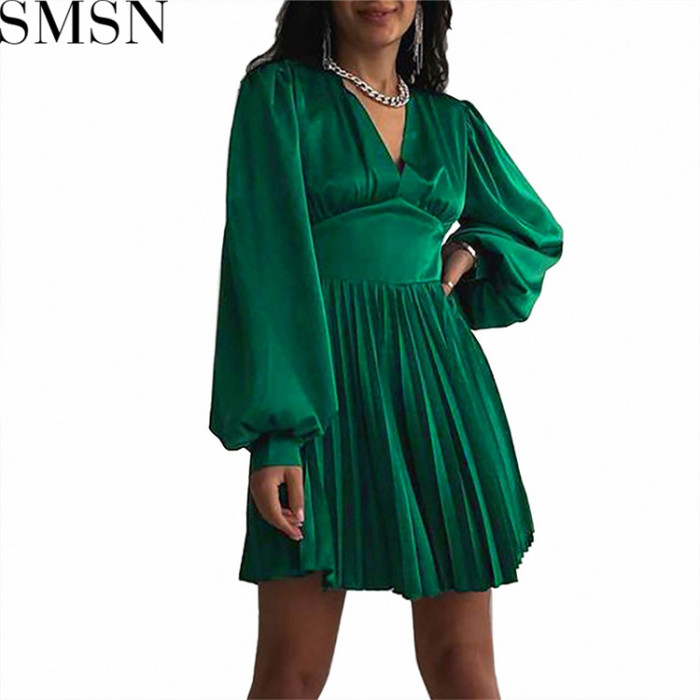 Plus Size Dress Amazon New Autumn and Winter Long Sleeve Pleated Satin Satin A  line High Waist Dress