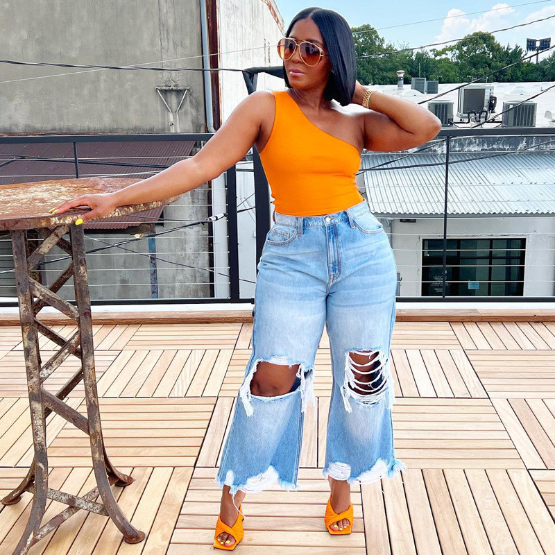 Cowboy High Waist Wide Leg Pants with holes