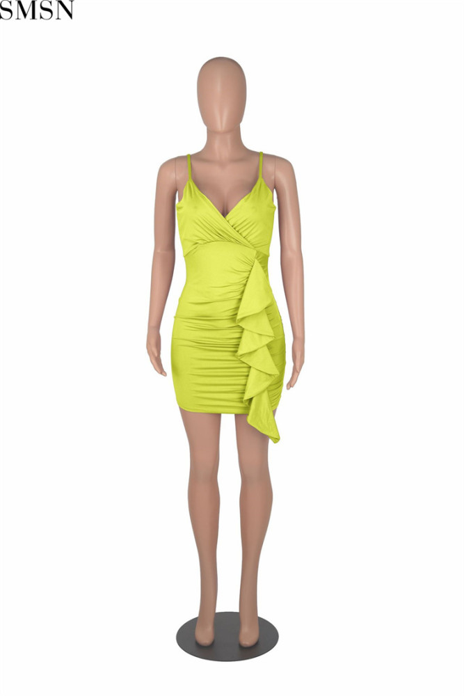 Fashion women dress sexy ruffled V neck topless sling bag hip nightclub dress